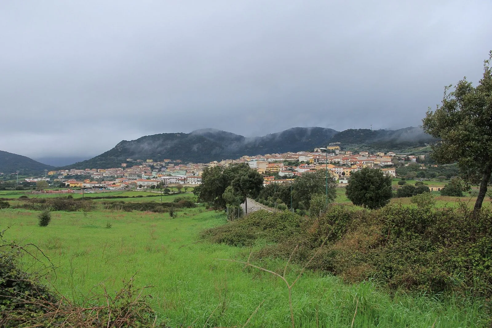 Panorama di Berchidda tra prati verdi e colline avvolte dalle nuvole